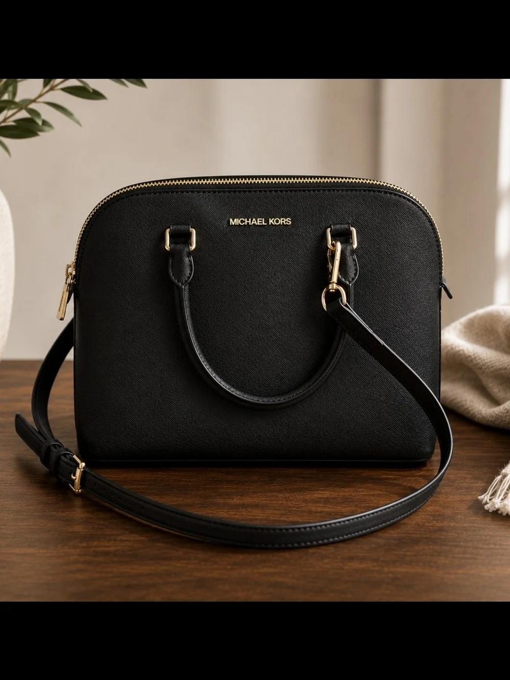 Michael Kors Black Saffiano Dome Crossbody Bag with Gold Hardware